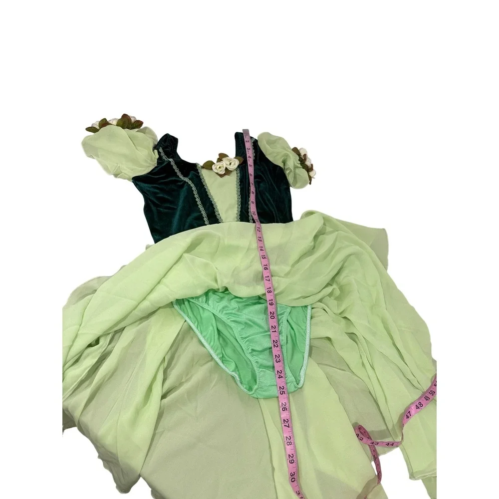 ArtStone Green Velvet Chiffon Dance Costume Floral Leotard Dress Adult Medium